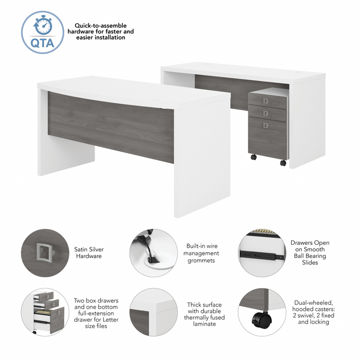 Echo Bow Front Desk and Credenza with Mobile File Cabinet