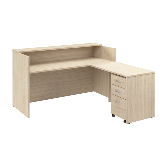 Arrive 72W x 72D L Shaped Reception Desk with Shelf and Mobile File Cabinet