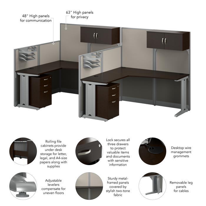 Office in an Hour 2 Person L Shaped Cubicle Desks with Storage, Drawers, and Organizers