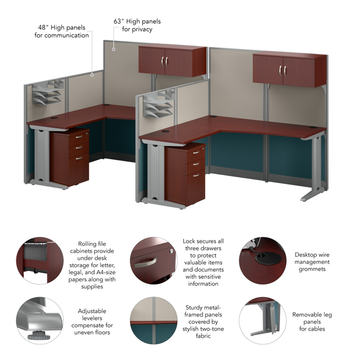 Office in an Hour 2 Person L Shaped Cubicle Desks with Storage, Drawers, and Organizers