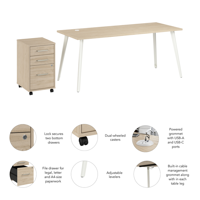 Vista 72W Desk with Splayed Metal Legs and 3 Drawer Mobile File Cabinet