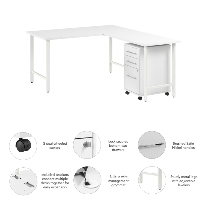 Hustle 60W x 30D L Shaped Computer Desk with 3 Drawer Mobile File Cabinet