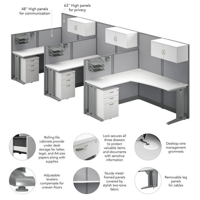 Office in an Hour 3 Person L Shaped Cubicle Desks with Storage, Drawers, and Organizers