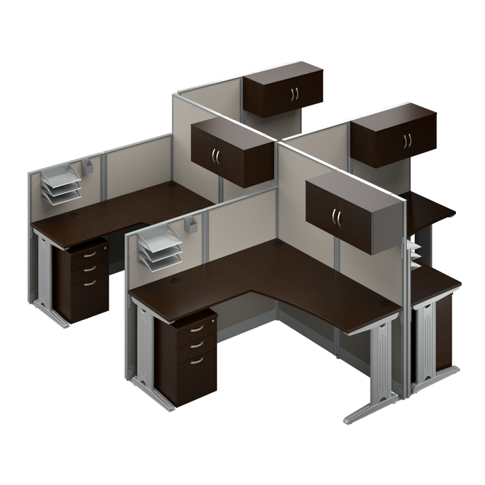 Office in an Hour 4 Person L Shaped Cubicle Desks with Storage, Drawers, and Organizers