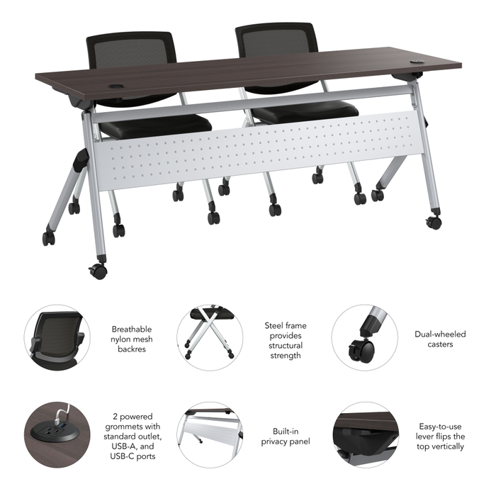 Envision 72W Folding Training Table with Powered Grommets and 2 Chairs