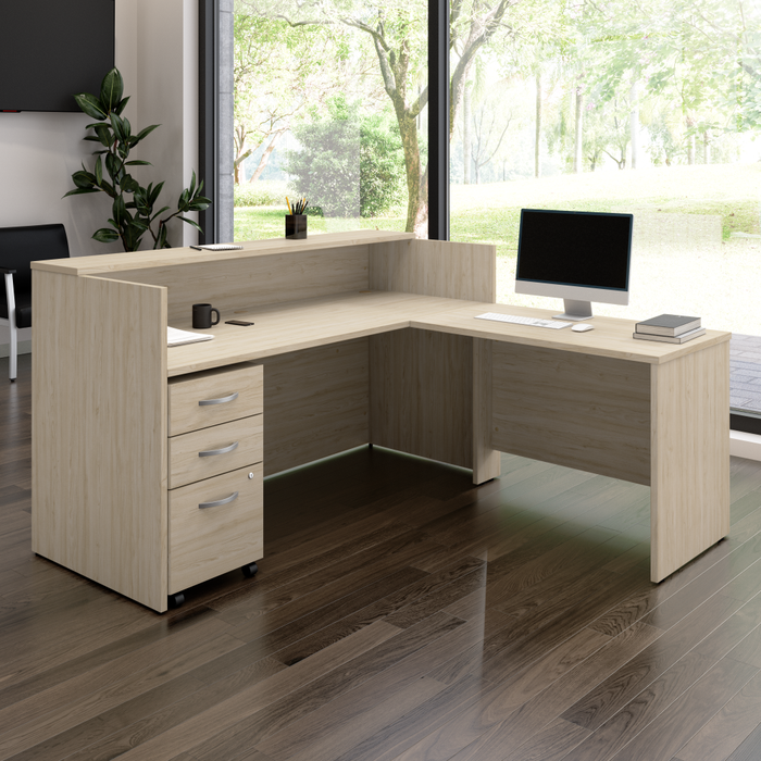 Arrive 72W x 72D L Shaped Reception Desk with Shelf and Mobile File Cabinet