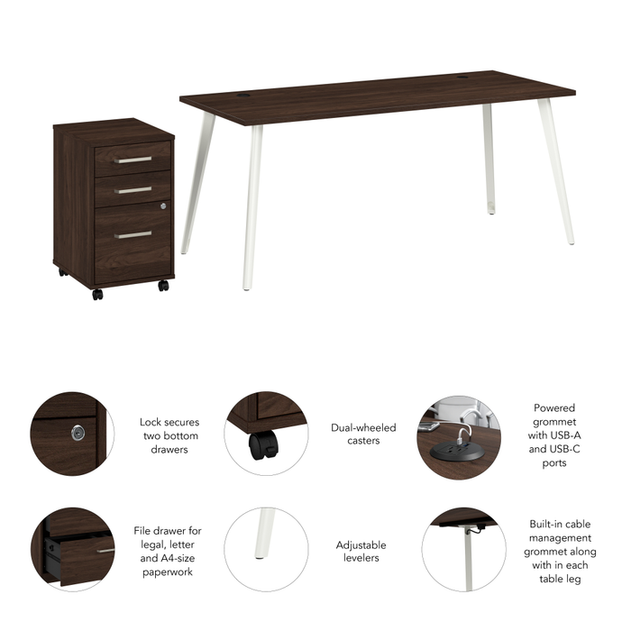Vista 72W Desk with Splayed Metal Legs and 3 Drawer Mobile File Cabinet