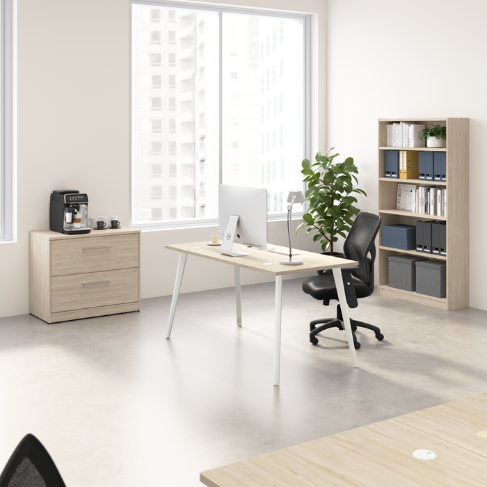Vista 60W Desk with Splayed Metal Legs, Lateral File Cabinet, and Bookcase