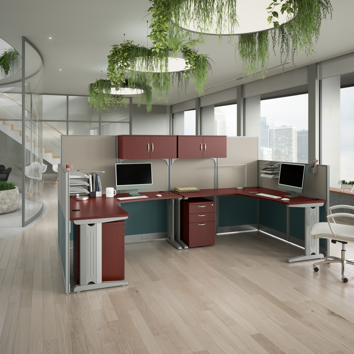 Office in an Hour 2 Person L Shaped Cubicle Desks with Storage, Drawers, and Organizers