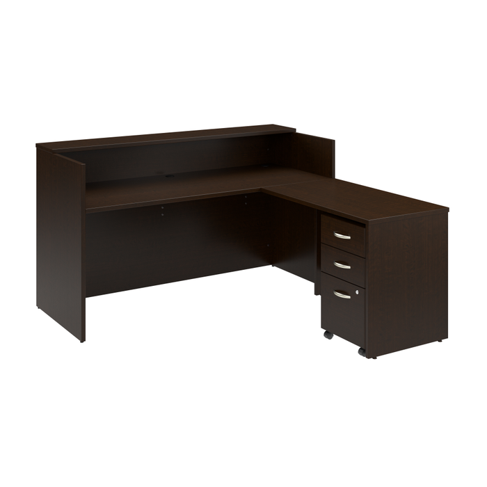 Arrive 72W x 72D L Shaped Reception Desk with Shelf and Mobile File Cabinet