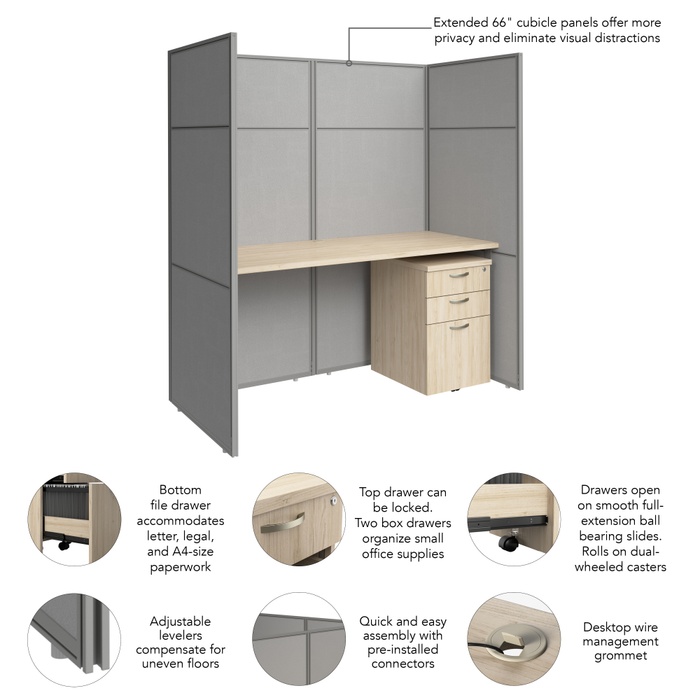 Easy Office 60W Cubicle Desk with File Cabinet and 66H Closed Panels Workstation