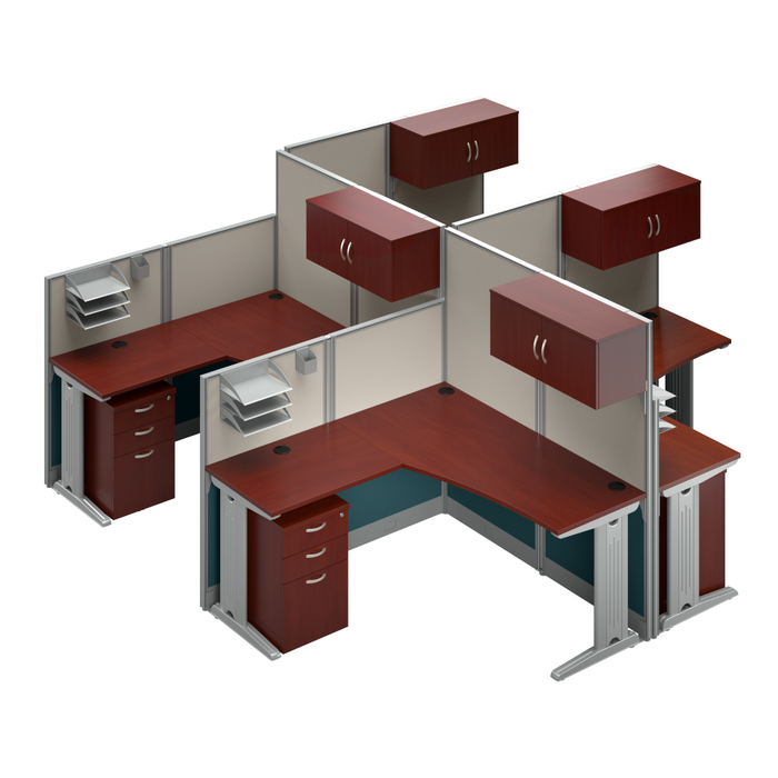 Office in an Hour 4 Person L Shaped Cubicle Desks with Storage, Drawers, and Organizers