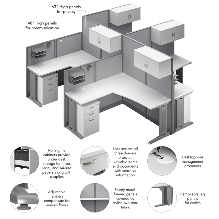 Office in an Hour 4 Person L Shaped Cubicle Desks with Storage, Drawers, and Organizers
