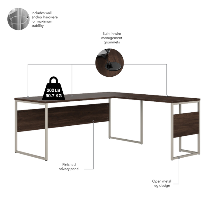 Hybrid 72W x 30D L Shaped Table Desk with Metal Legs