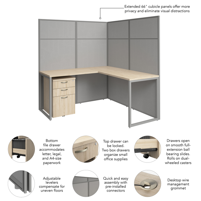 Easy Office 60W L Shaped Cubicle Desk with File Cabinet and 66H Panels