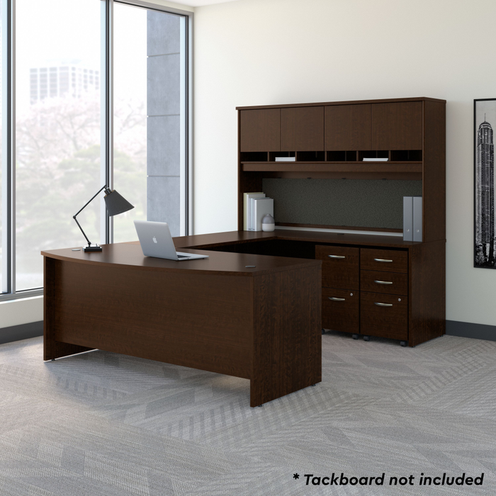 72W Bow Front U Shaped Desk with Hutch and Storage