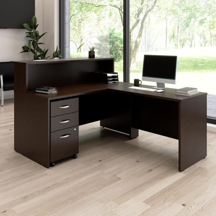 Arrive 60W x 72D L Shaped Reception Desk with Shelf and Mobile File Cabinet