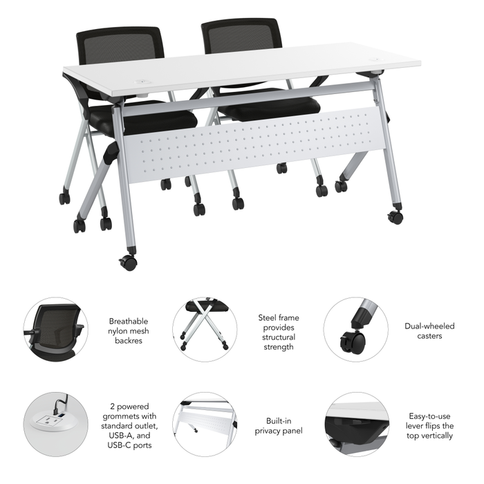 Envision 60W Training Table with Powered Grommets and 2 Chairs with Arms