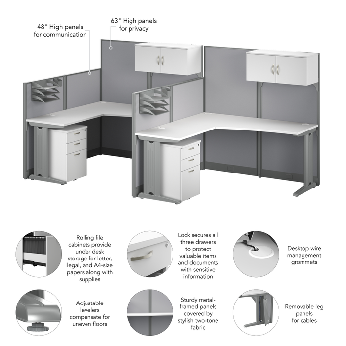Office in an Hour 2 Person L Shaped Cubicle Desks with Storage, Drawers, and Organizers