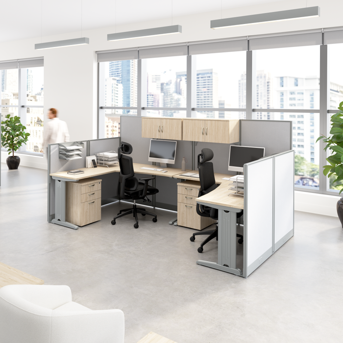 Office in an Hour 2 Person L Shaped Cubicle Desks with Storage, Drawers, and Organizers