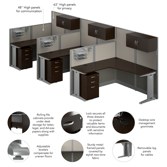 Office in an Hour 3 Person L Shaped Cubicle Desks with Storage, Drawers, and Organizers