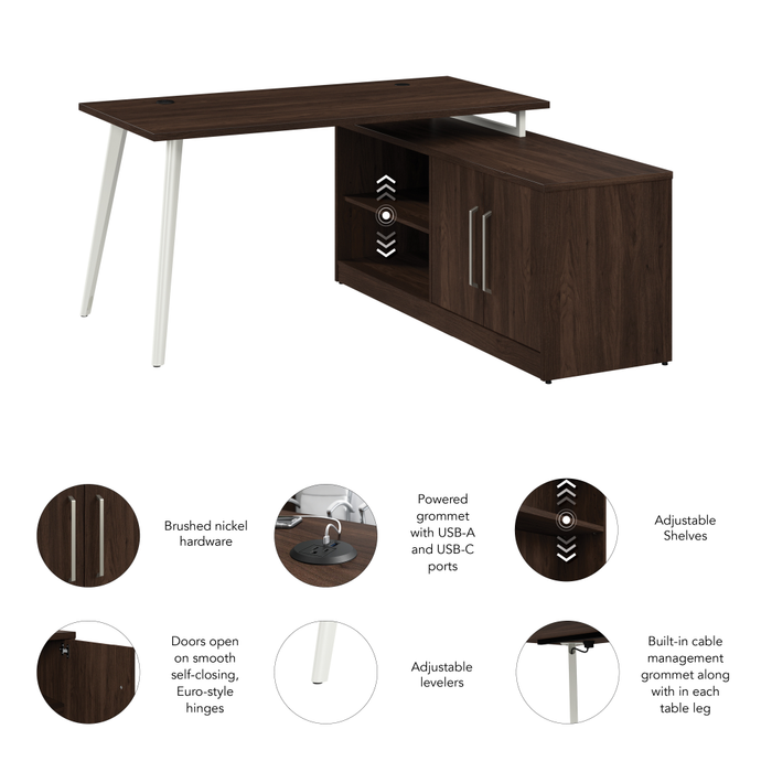 Vista 60W L Shaped Desk with Splayed Metal Legs and Low Storage Cabinet