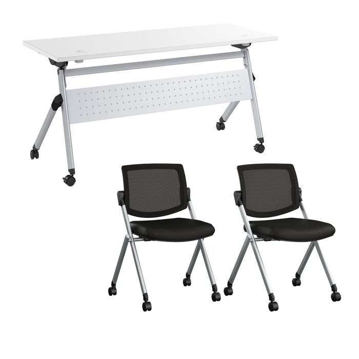 Envision 60W Folding Training Table with Powered Grommets and 2 Chairs
