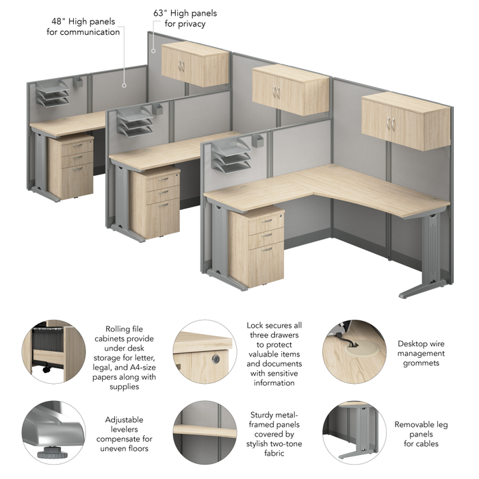 Office in an Hour 3 Person L Shaped Cubicle Desks with Storage, Drawers, and Organizers
