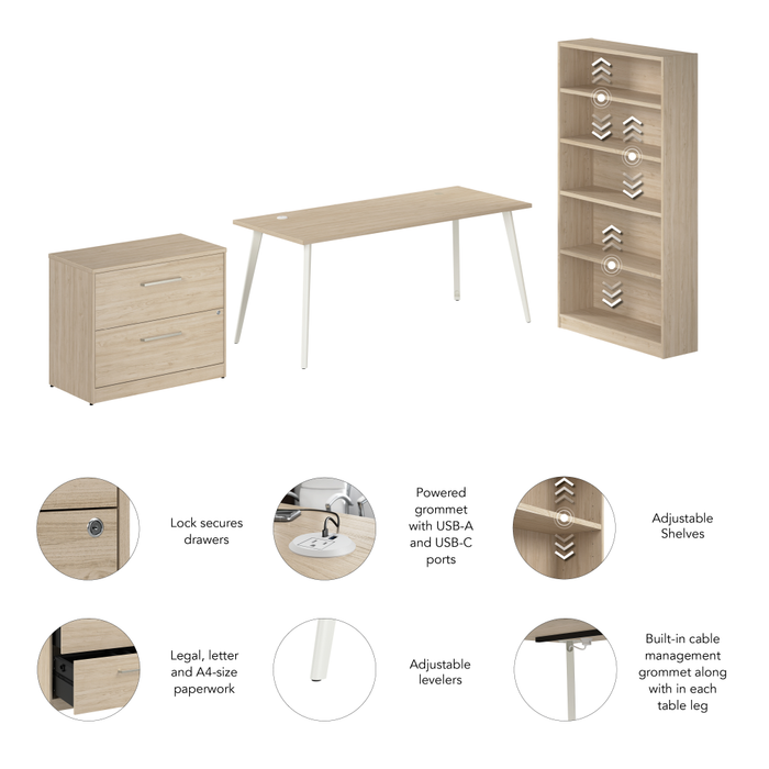 Vista 72W Desk with Splayed Metal Legs, Lateral File Cabinet, and Bookcase