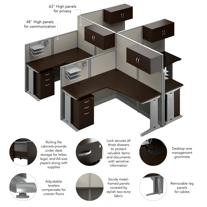 Office in an Hour 4 Person L Shaped Cubicle Desks with Storage, Drawers, and Organizers