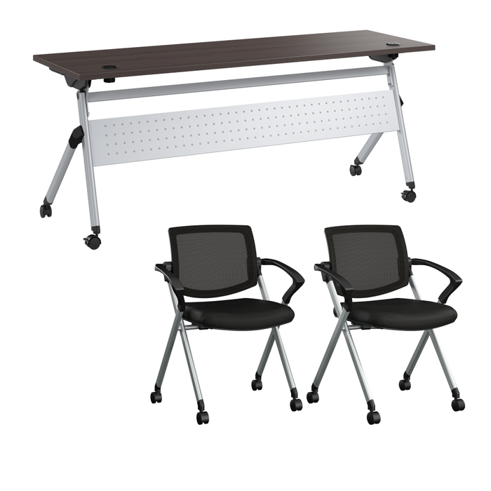 Envision 72W Training Table with Powered Grommets and 2 Chairs with Arms