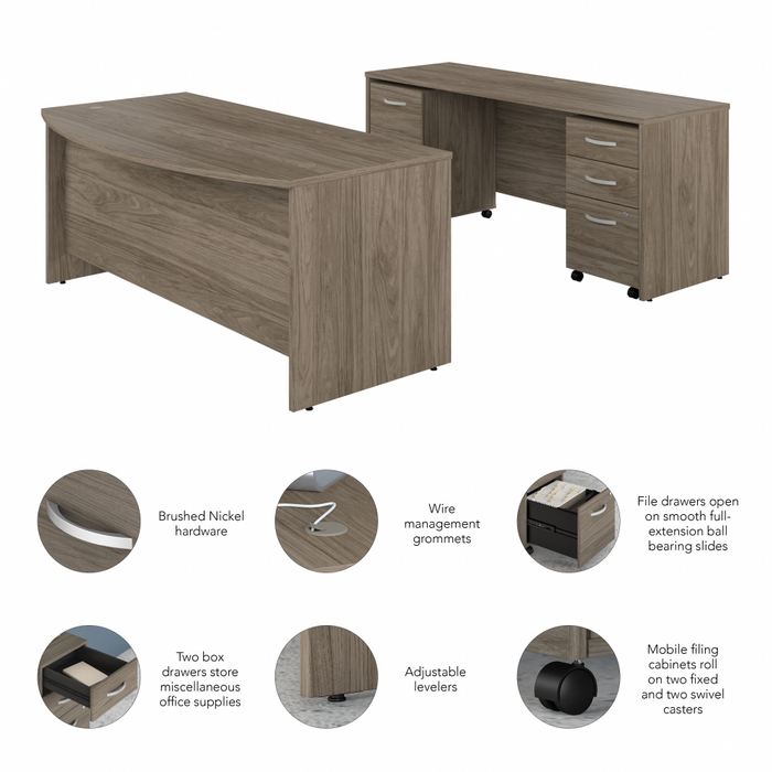 Studio C 72W x 36D Bow Front Desk and Credenza with Mobile File Cabinets