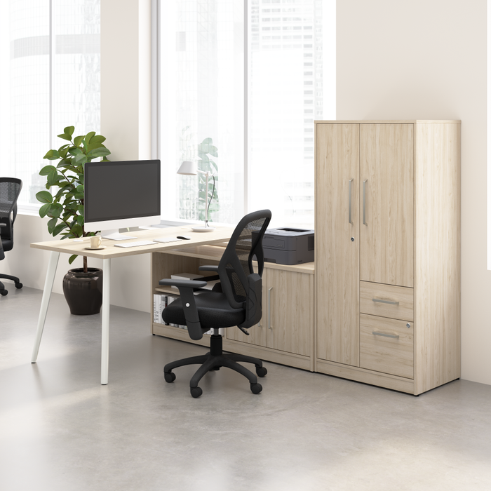 Vista 60W L Shaped Desk with Metal Legs, Low Storage Cabinet, and Wardrobe