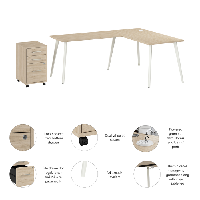 Vista 60W L Shaped Desk with Splayed Metal Legs and Mobile File Cabinet