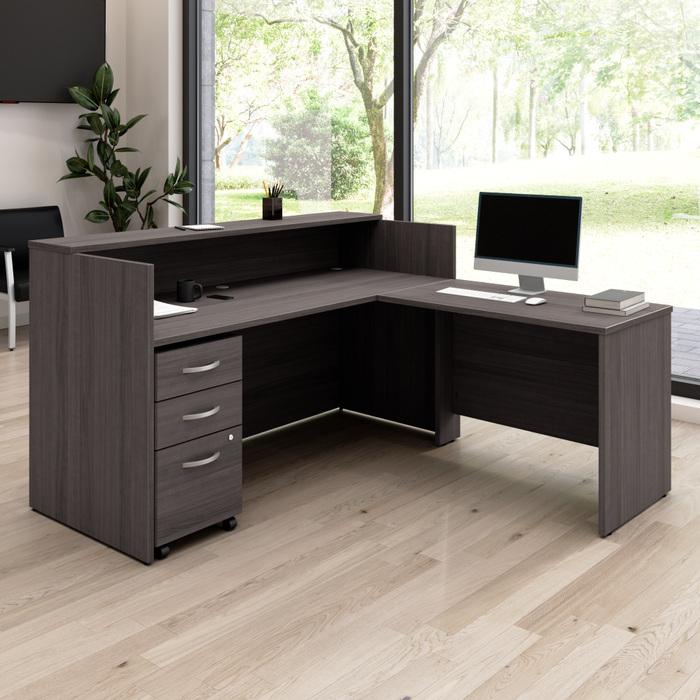 Arrive 72W x 72D L Shaped Reception Desk with Shelf and Mobile File Cabinet