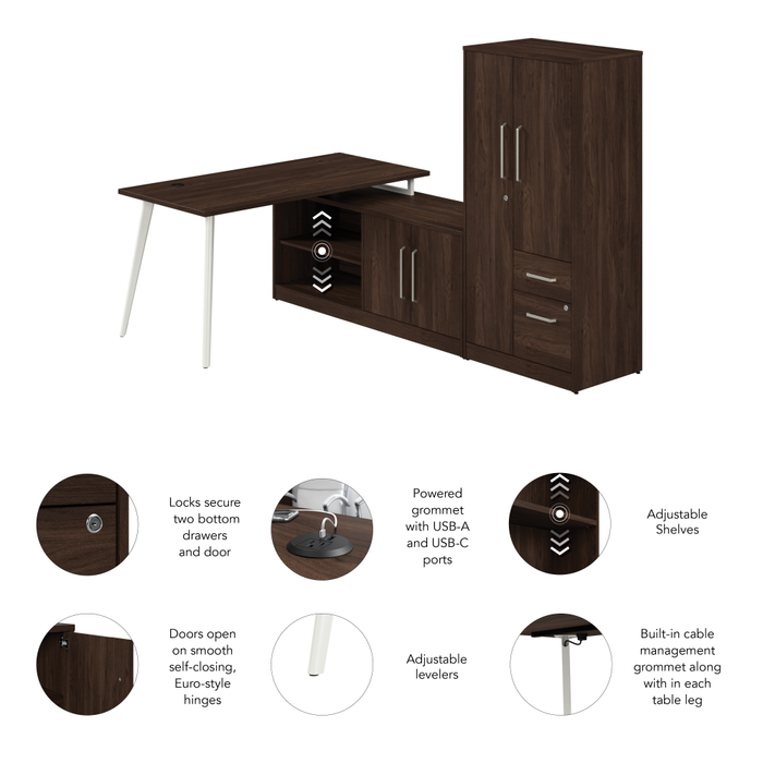 Vista 60W L Shaped Desk with Metal Legs, Low Storage Cabinet, and Wardrobe