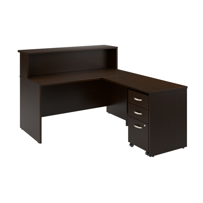 Arrive 60W x 72D L Shaped Reception Desk with Shelf and Mobile File Cabinet