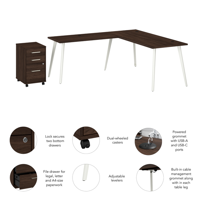 Vista 72W L Shaped Desk with Splayed Metal Legs and Mobile File Cabinet