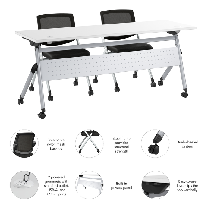Envision 72W Folding Training Table with Powered Grommets and 2 Chairs
