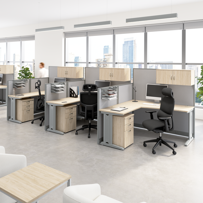Office in an Hour 3 Person L Shaped Cubicle Desks with Storage, Drawers, and Organizers