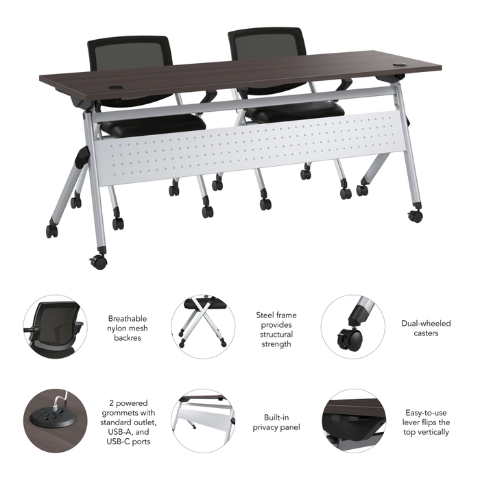 Envision 72W Training Table with Powered Grommets and 2 Chairs with Arms