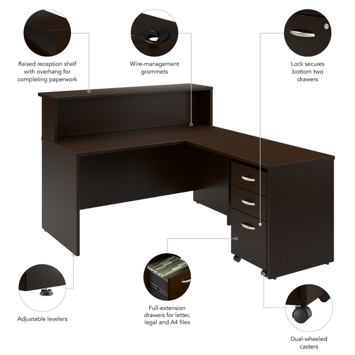 Arrive 60W x 72D L Shaped Reception Desk with Shelf and Mobile File Cabinet