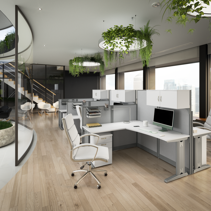 Office in an Hour 2 Person Cubicle Desks with Storage, Drawers, and Organizers