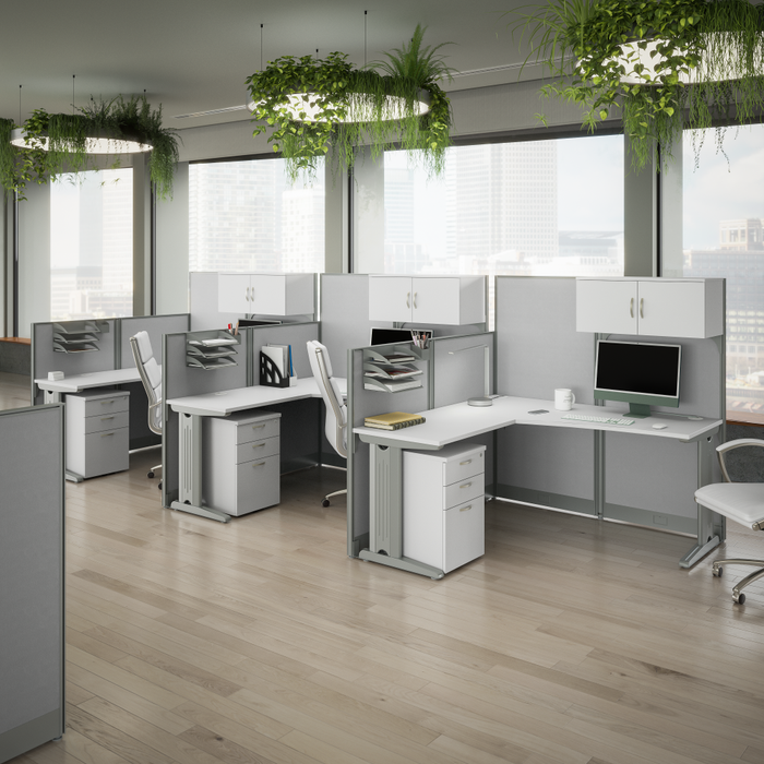 Office in an Hour 3 Person L Shaped Cubicle Desks with Storage, Drawers, and Organizers