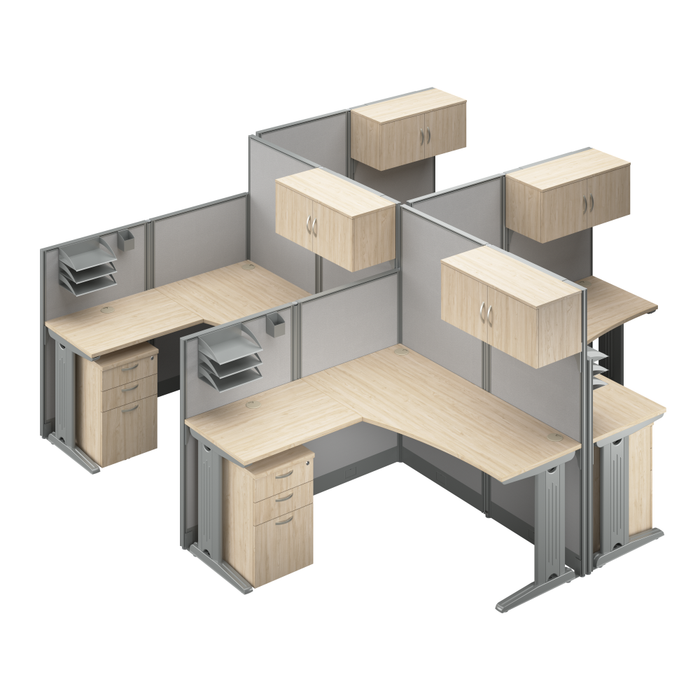 Office in an Hour 4 Person L Shaped Cubicle Desks with Storage, Drawers, and Organizers