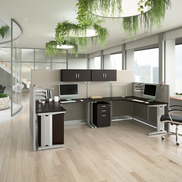 Office in an Hour 2 Person L Shaped Cubicle Desks with Storage, Drawers, and Organizers