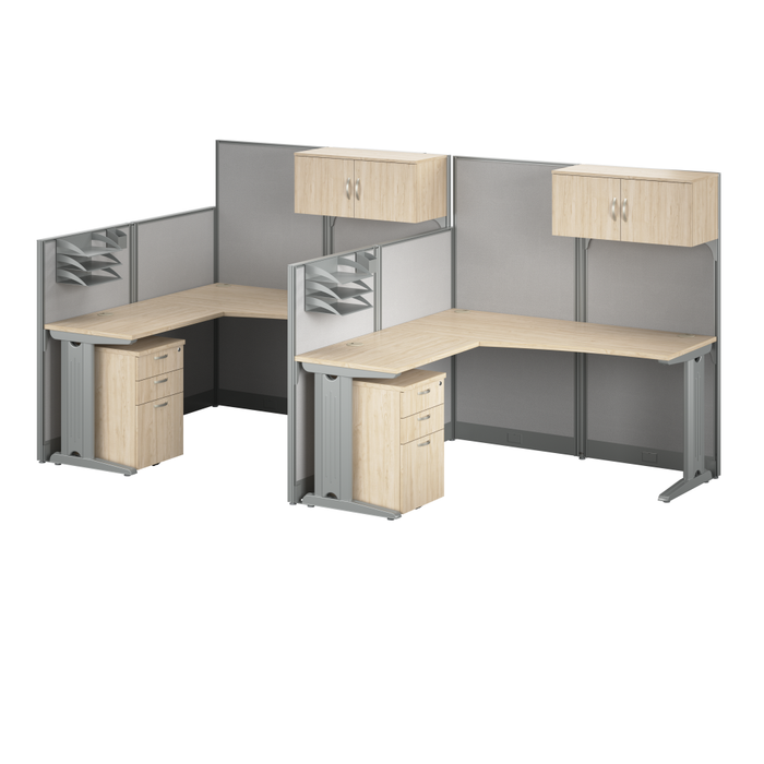 Office in an Hour 2 Person L Shaped Cubicle Desks with Storage, Drawers, and Organizers