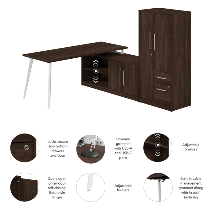 Vista 72W L Shaped Desk with Metal Legs, Low Storage Cabinet, and Wardrobe
