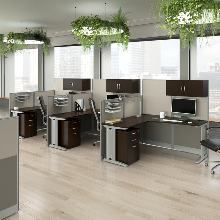 Office in an Hour 3 Person L Shaped Cubicle Desks with Storage, Drawers, and Organizers