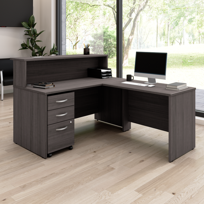 Arrive 60W x 72D L Shaped Reception Desk with Shelf and Mobile File Cabinet